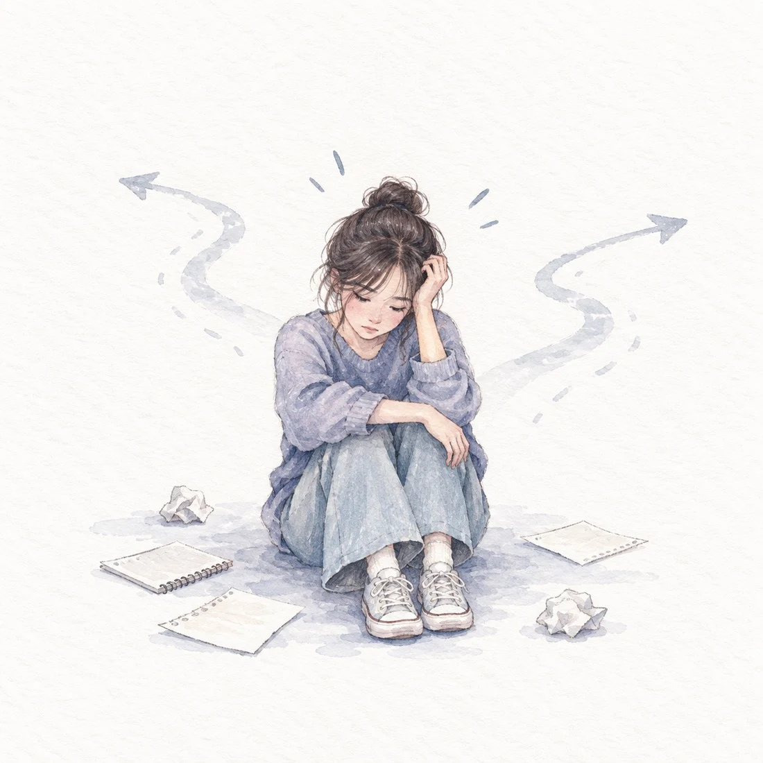 水彩手繪：女生抱著膝蓋坐在地上，身後兩條箭頭往不同方向分開