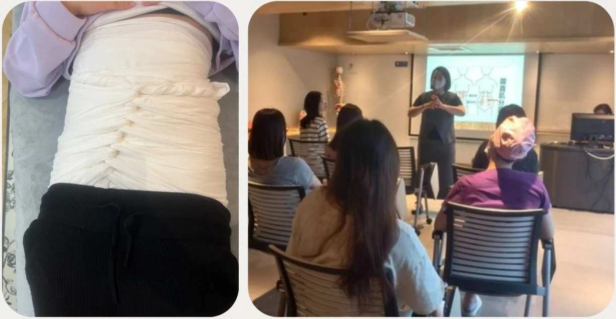 實體課現場：學員被古法紮肚的腹部特寫，以及 Polly 在教室前方示範、學員在座位跟做的廣角照